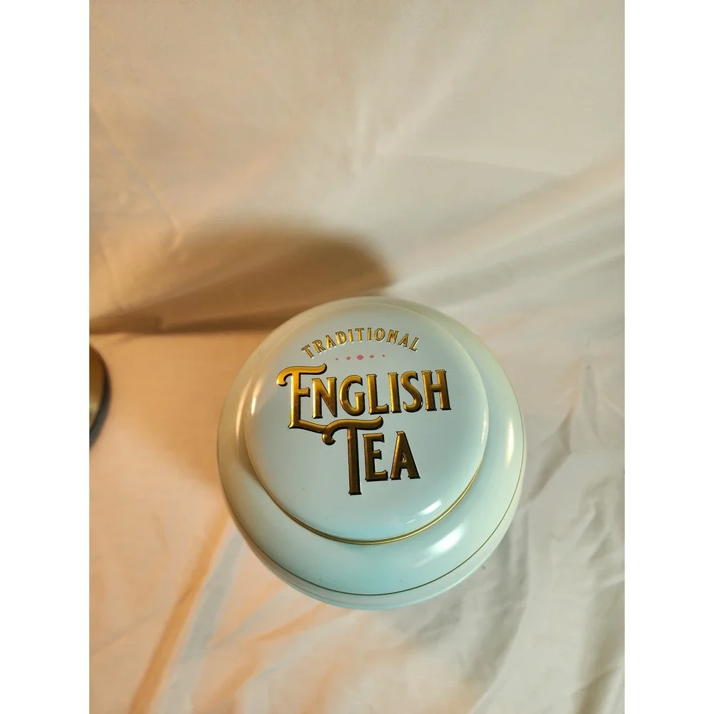 New English Teas‎ Vintage Tea Caddy Tin Forget Me Not Blue Large Empty